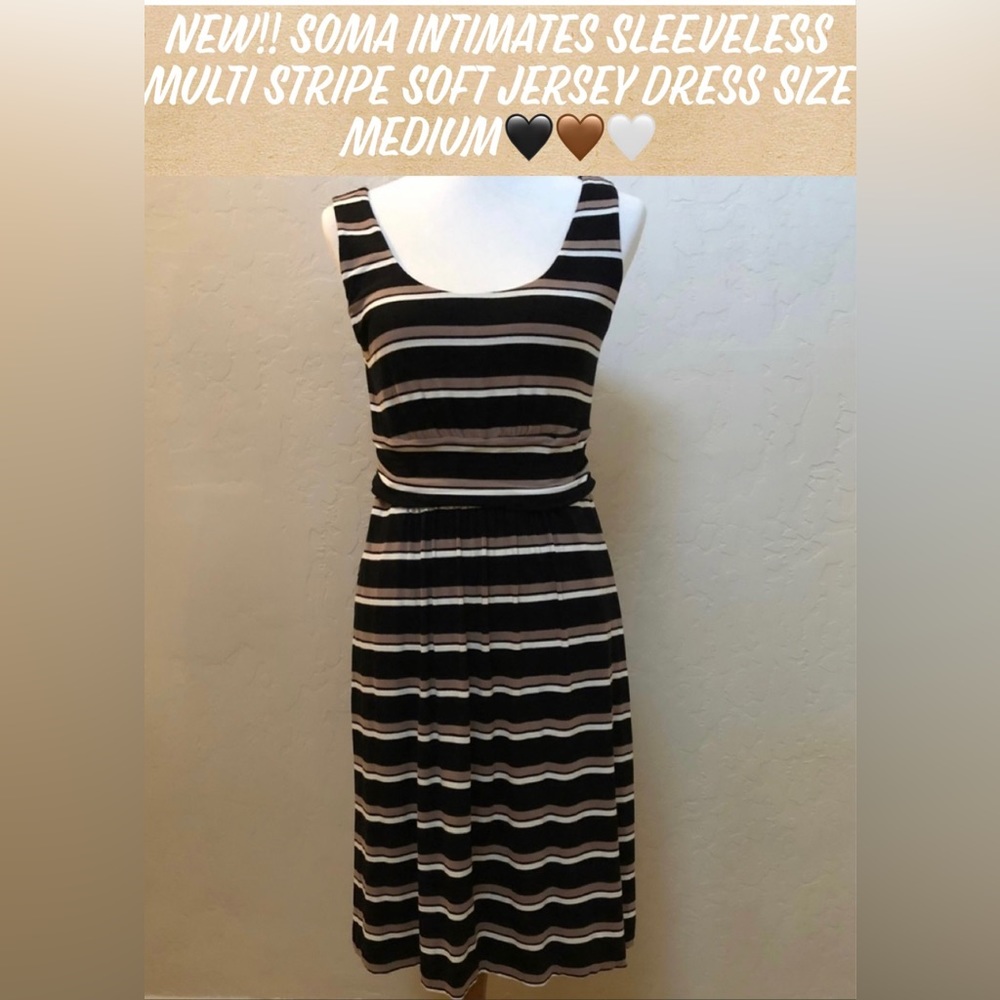 New!! Soma Intimates Sleeveless Multi Stripe Soft Jersey Dress Size Medium🖤🤎🤍